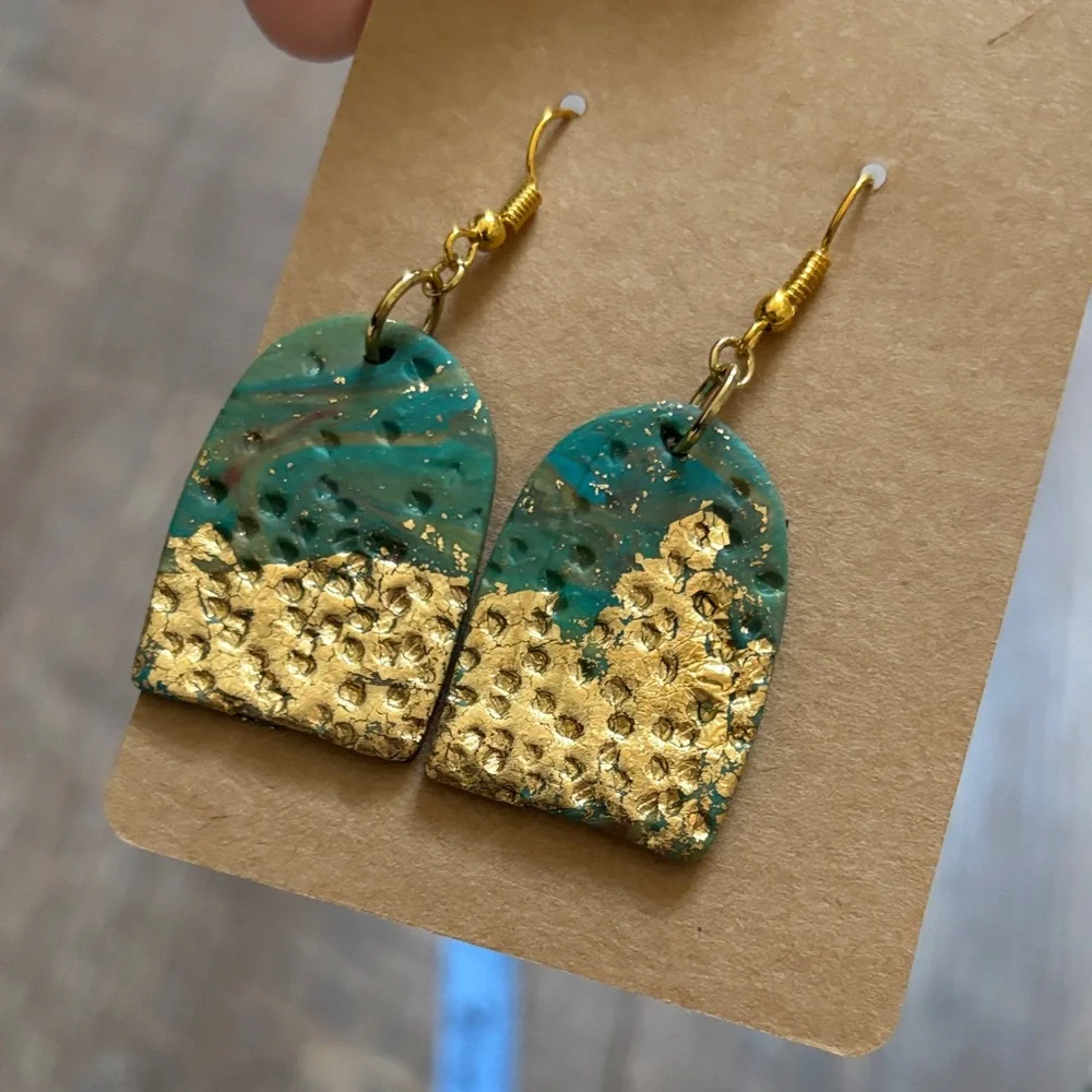 Green and Gold Dangle Polymer Clay Earrings - Picture 3 of 6